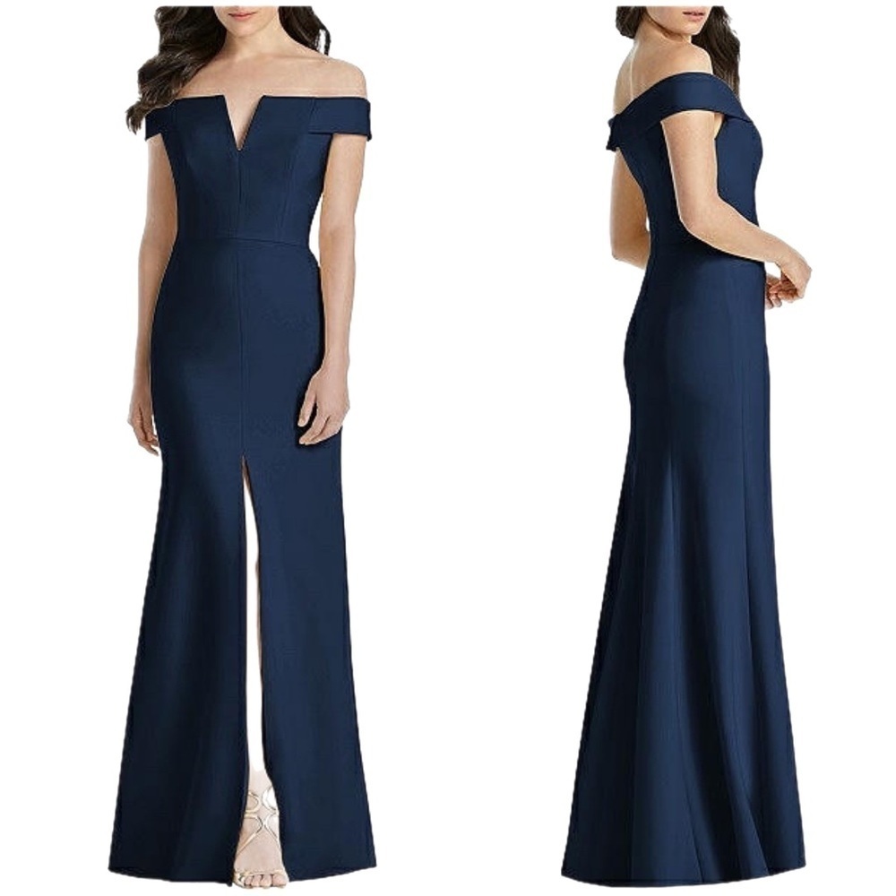 Dessy Collection Women's Off-the-Shoulder Notch Trumpet Gown 3038 Blue Size 16